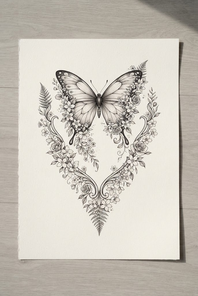 Micro-Realism Botanical Specimen — floral butterfly tattoo style outfit