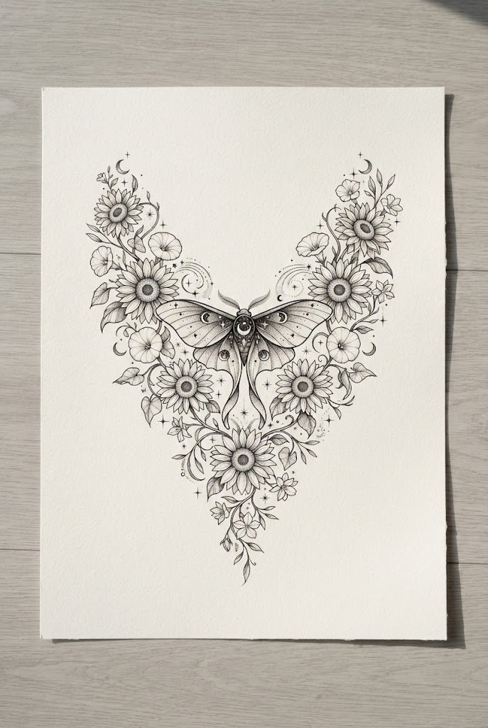 Celestial Sunflower and Night Moth — floral butterfly tattoo style outfit