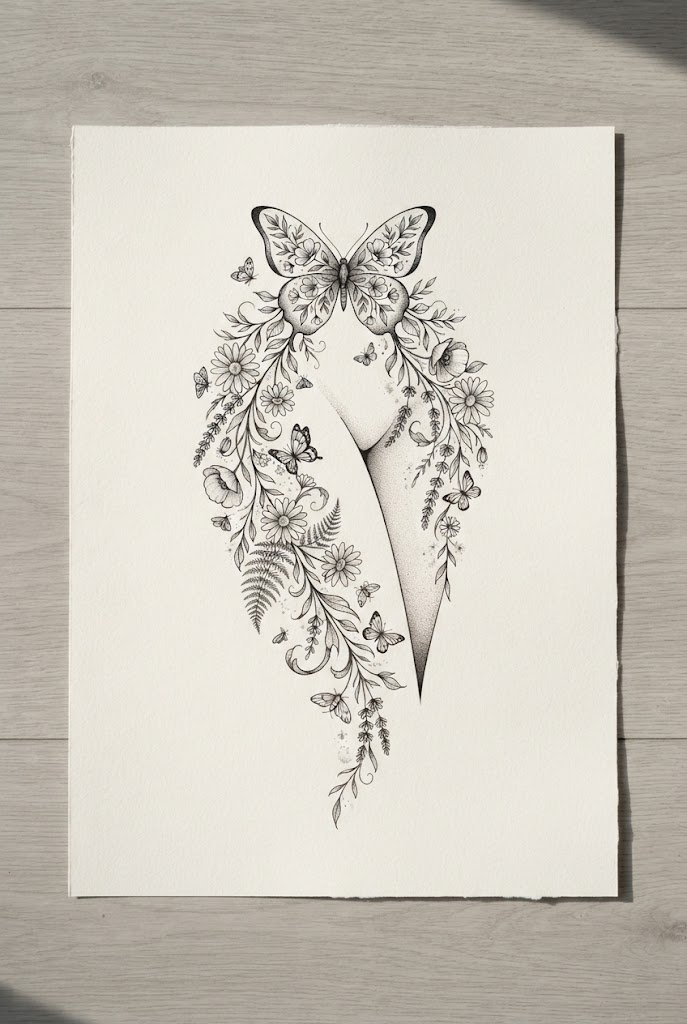 Thigh-Length Wildflower Trailing Vine — floral butterfly tattoo style outfit