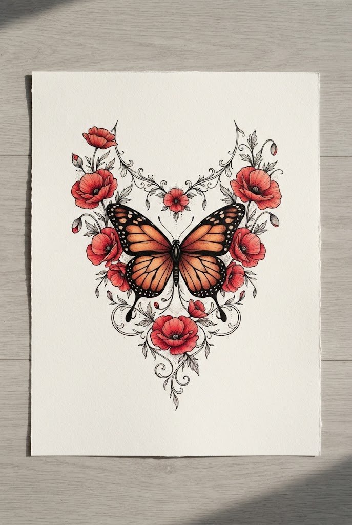 Vibrant Crimson Poppy and Monarch — floral butterfly tattoo style outfit