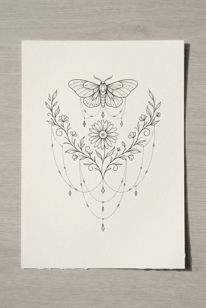 Minimalist Fine-Line Daisy and Moth — floral butterfly tattoo style outfit