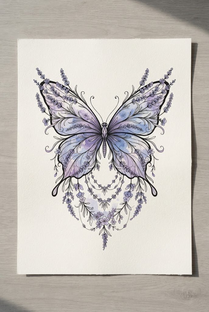 Watercolor Lavender Dreamscape — floral butterfly tattoo style outfit