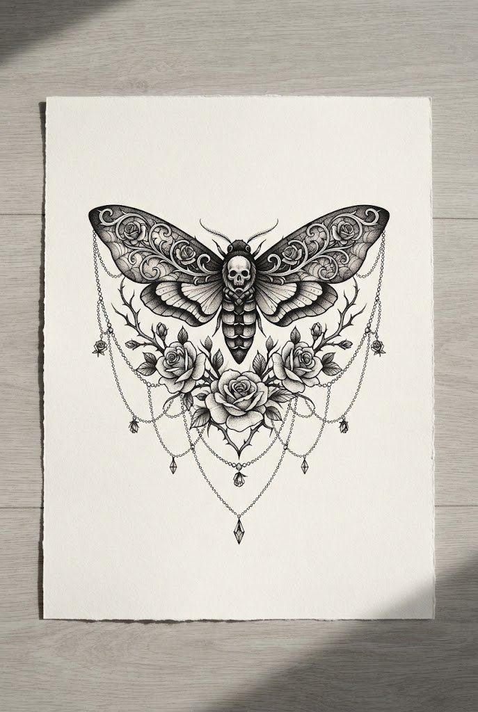 Gothic Darkwork Rose and Death's-Head — floral butterfly tattoo style outfit