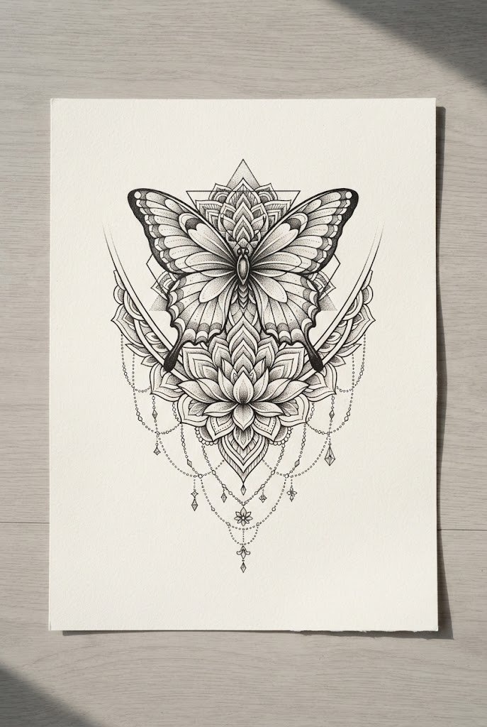 Geometric Lotus and Swallowtail Harmony — floral butterfly tattoo style outfit