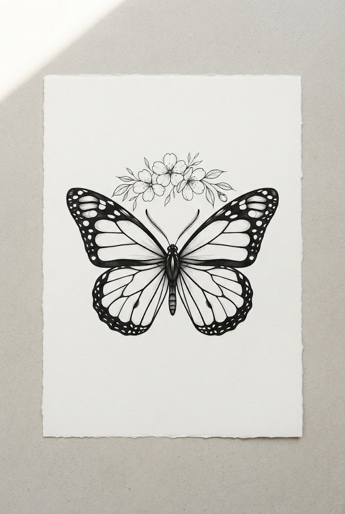 Minimalist Fine-Line Blossom — flower with butterfly tattoo style outfit