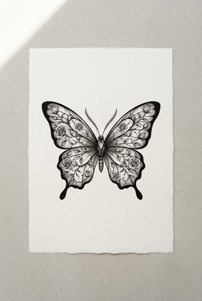 Botanical Rose Garden Pairing — flower with butterfly tattoo style outfit