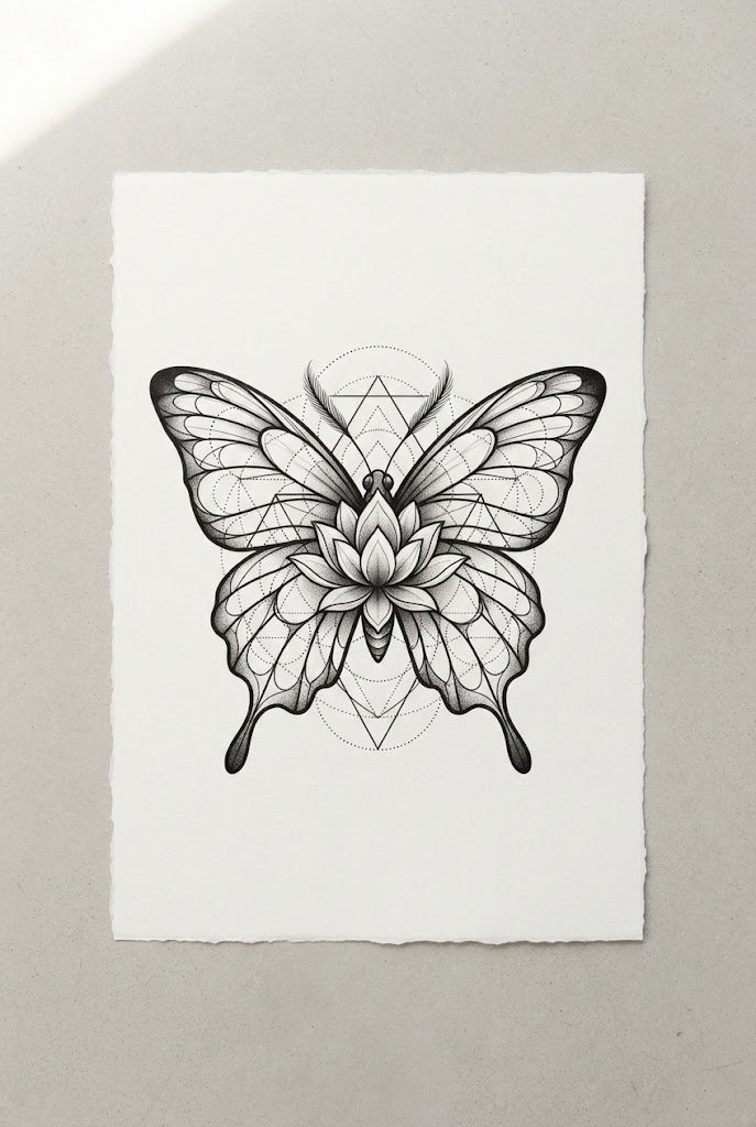 Geometric Sacred Symmetry — flower with butterfly tattoo style outfit