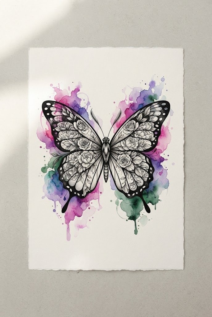 Watercolor Splash Masterpiece — flower with butterfly tattoo style outfit