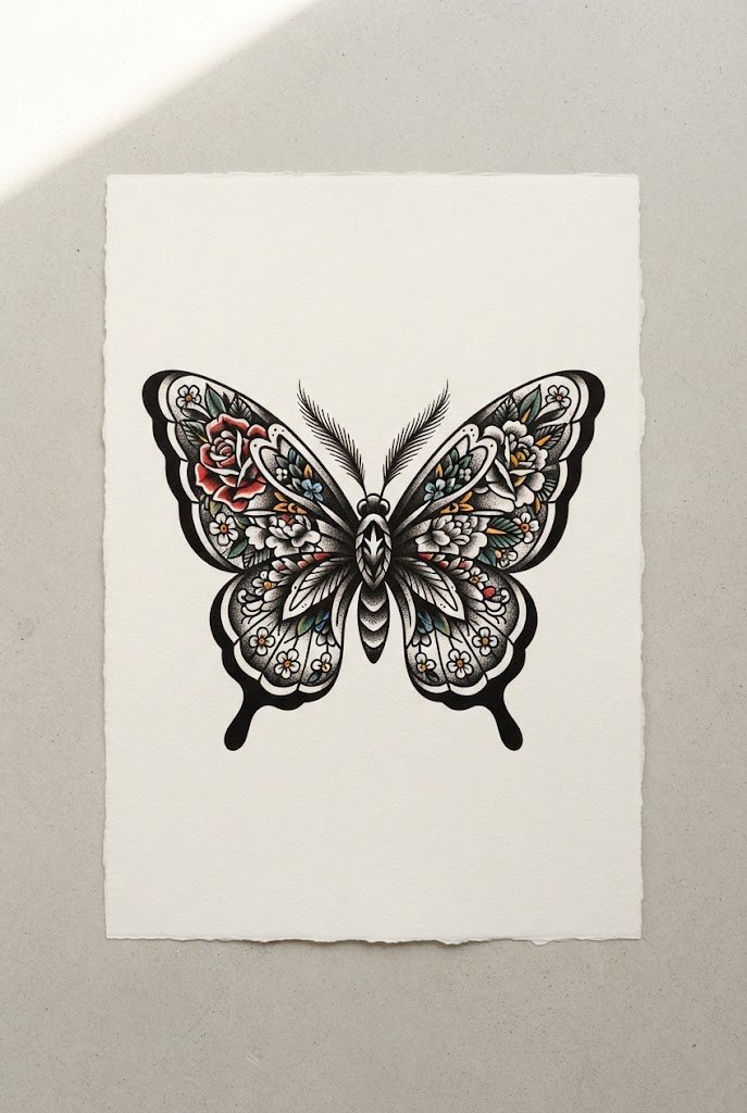 Traditional Bold Flash Tribute — flower with butterfly tattoo style outfit