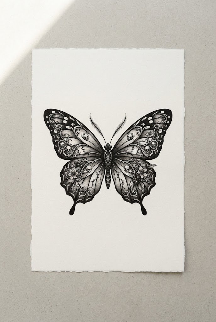 Darkwork Gothic Nightshade — flower with butterfly tattoo style outfit