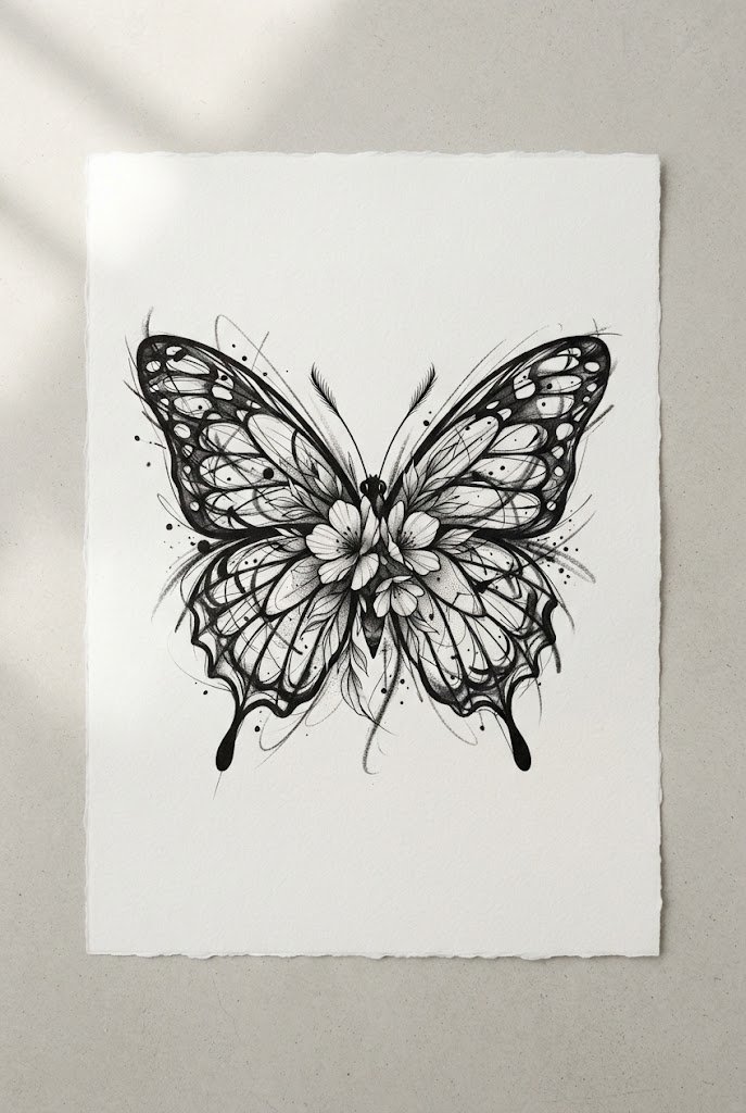 Abstract Gestural Sketch Art — flower with butterfly tattoo style outfit
