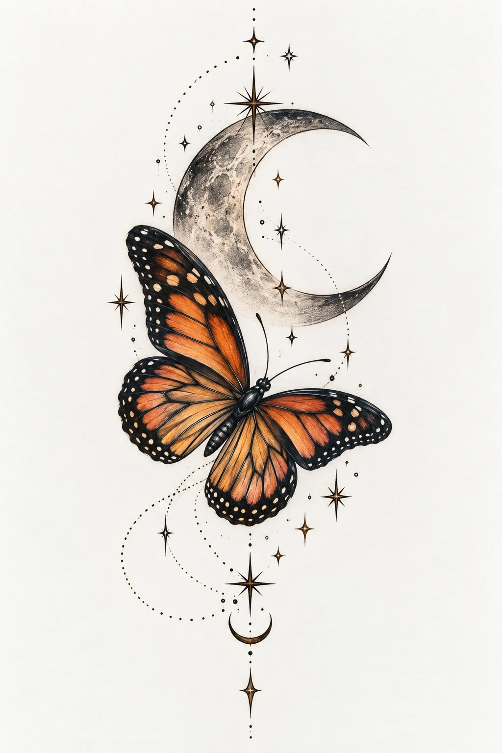 Moonlit Monarch Flight — Flying Butterfly Tattoo — flying butterfly tattoo style outfit