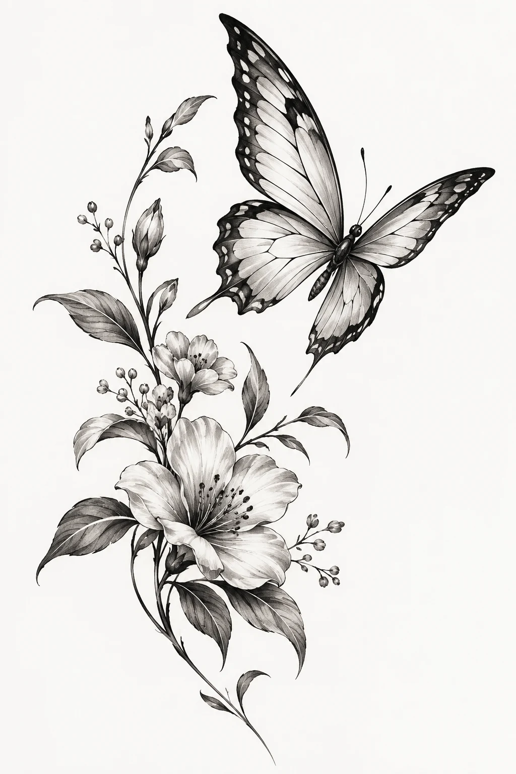 Botanical Takeoff — Flying Butterfly Tattoo Design — flying butterfly tattoo style outfit