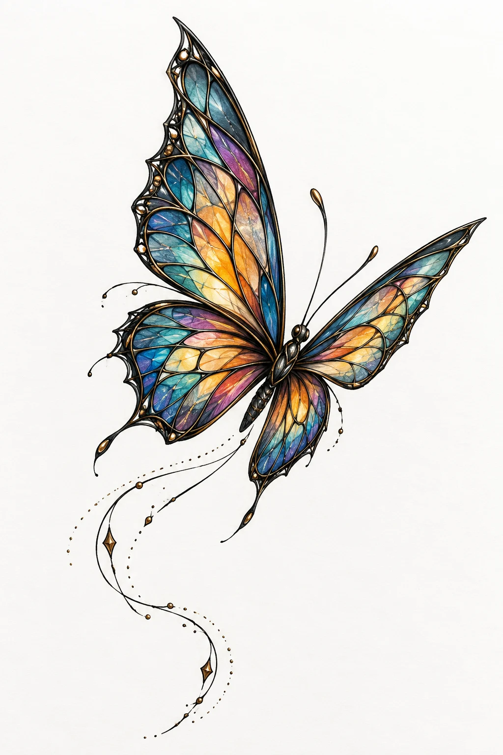 Stained-Glass Wings in Flight — flying butterfly tattoo style outfit