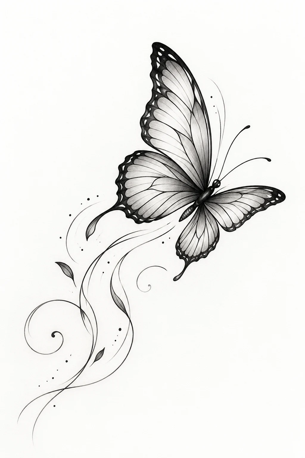 Fine-Line Butterfly With Wind Lines — flying butterfly tattoo style outfit