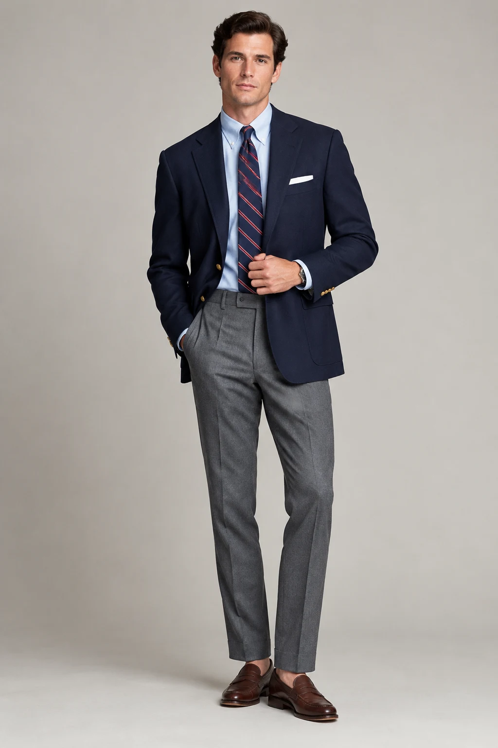 The Ivy League Classic: Navy Blazer, Oxford Shirt, and Grey Trousers — formal classy outfits men style outfit, worn by a stylish man