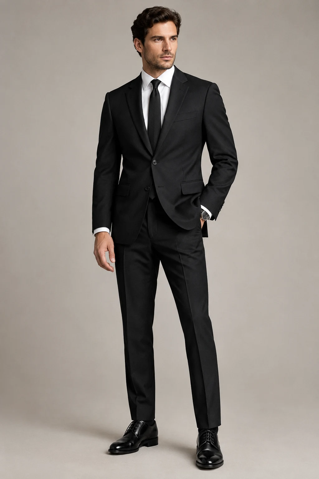 The Modern Black Suit: Black Wool Suit, White Shirt, and Derby Shoes — formal classy outfits men style outfit, worn by a stylish man