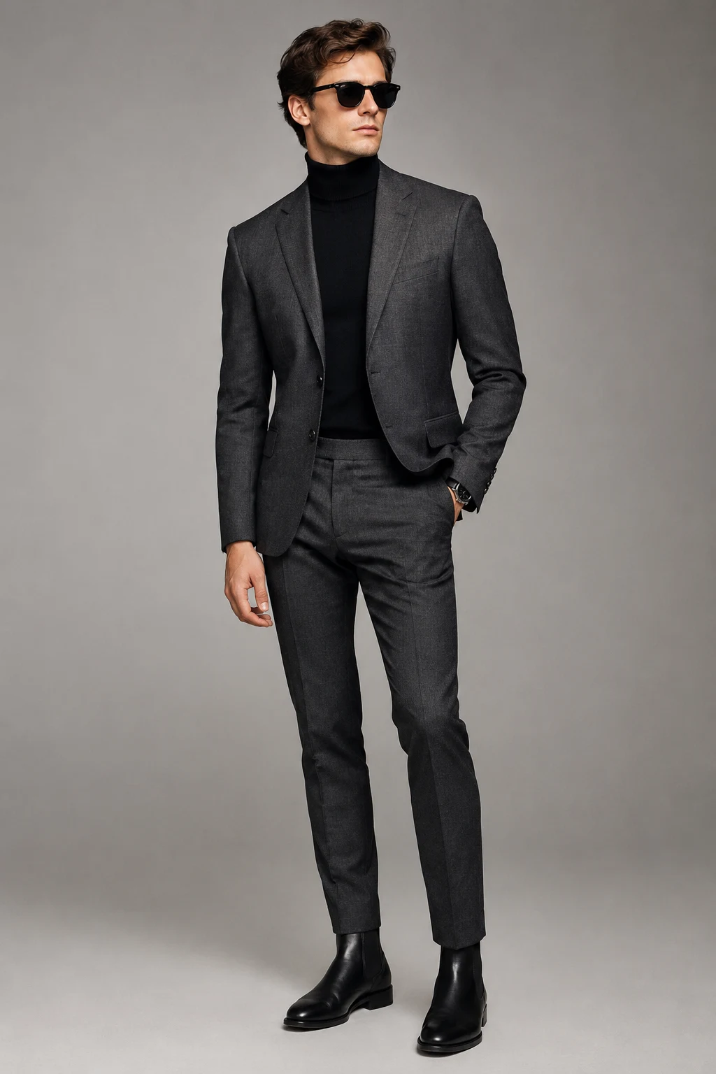 The 1960s Mod Formal: Narrow Suit, Roll-Neck, and Chelsea Boots — formal classy outfits men style outfit, worn by a stylish man