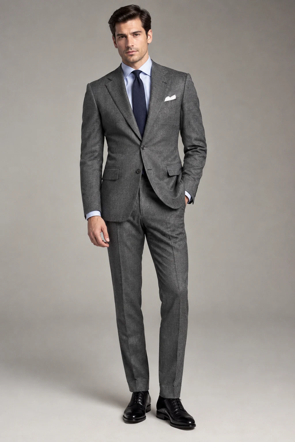 The Grey Flannel Power Look: Grey Flannel Suit, Blue Shirt, and Black Oxfords — formal classy outfits men style outfit, worn by a stylish man