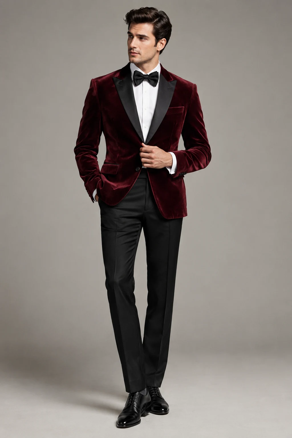 The Velvet Evening Jacket: Black Trousers, Velvet Jacket, and Bow Tie — formal classy outfits men style outfit, worn by a stylish man