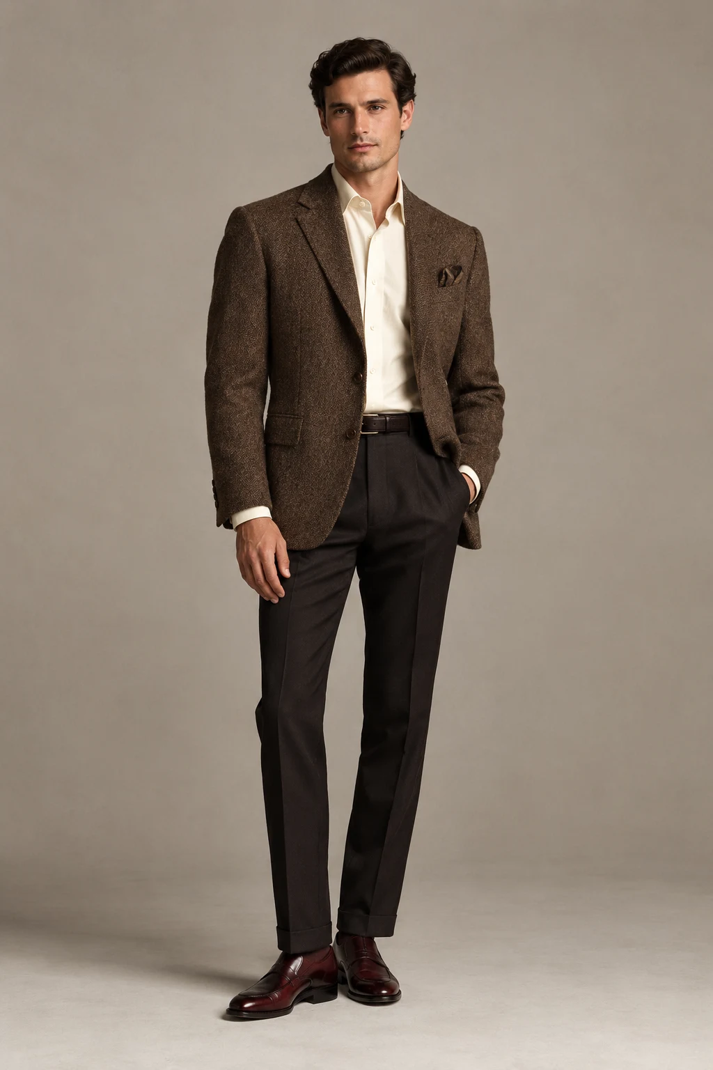 The Dark Academia Formal: Brown Tweed Jacket, Cream Shirt, and Cordovan Shoes — formal classy outfits men style outfit, worn by a stylish man