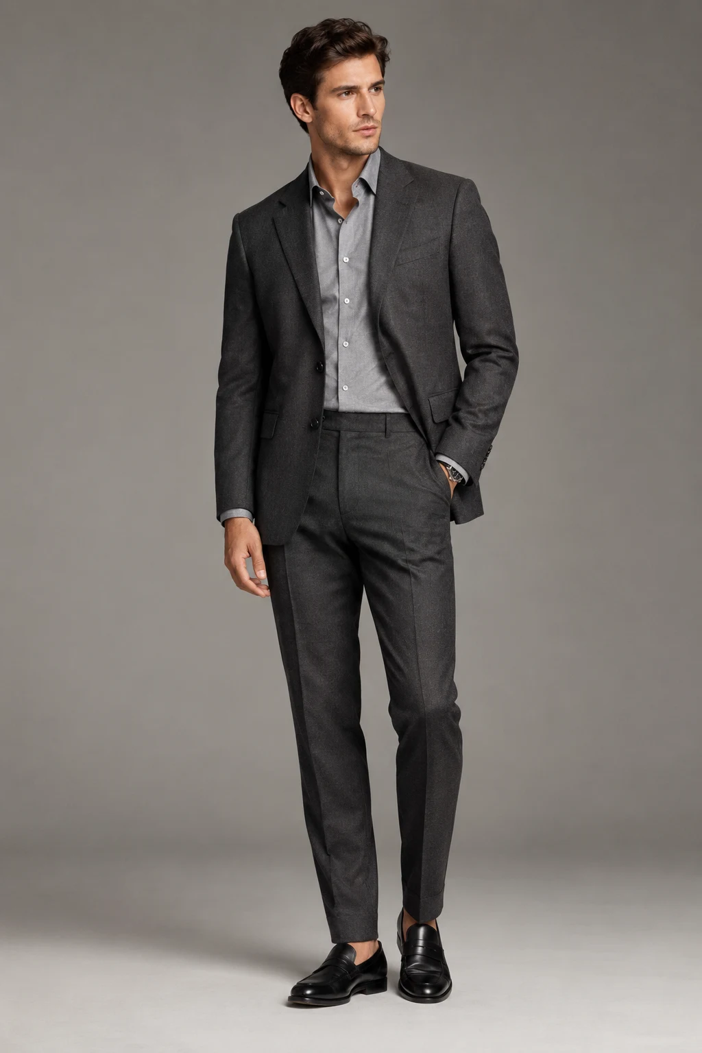 The Contemporary Tonal Look: Charcoal Suit, Grey Shirt, and Black Loafers — formal classy outfits men style outfit, worn by a stylish man