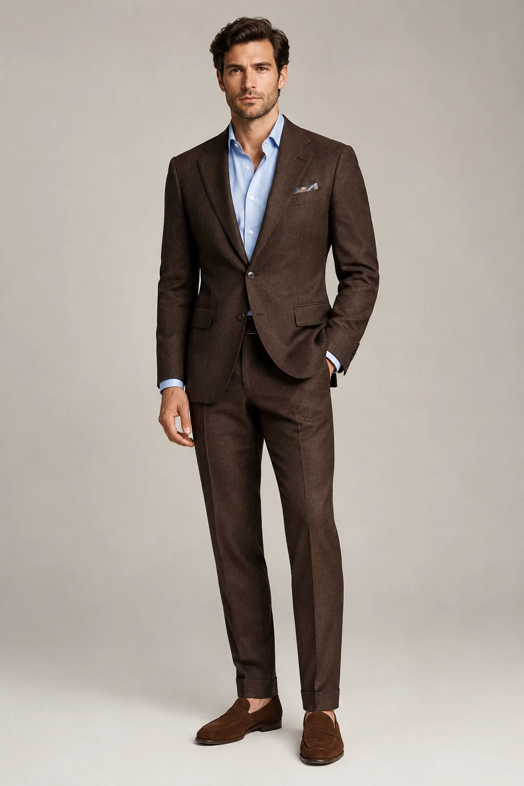 The Brown Suit Revival: Chocolate Wool, Pale-Blue Shirt, and Suede Loafers — formal classy outfits men style outfit, worn by a stylish man