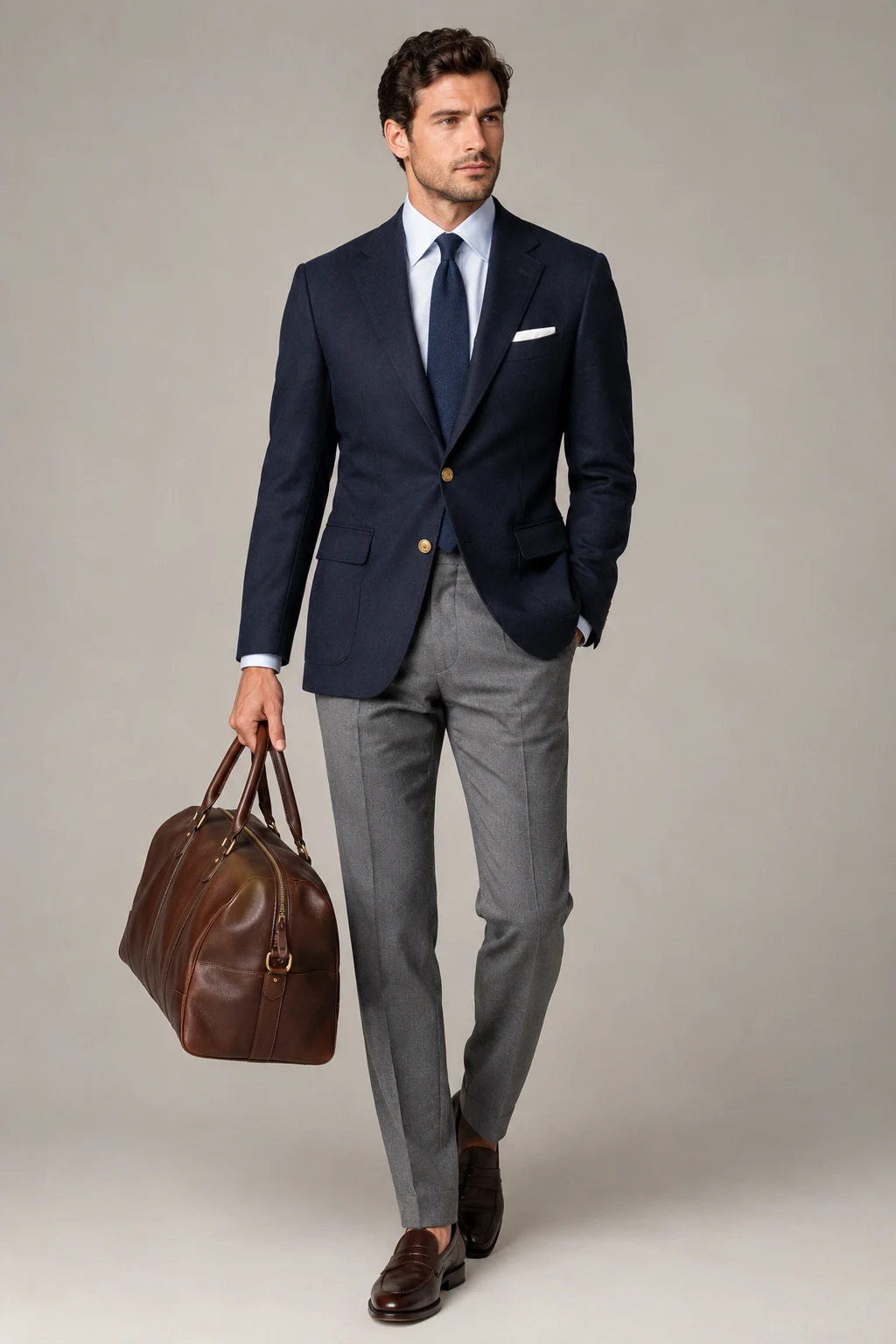 The Formal Travel Uniform: Navy Blazer, Grey Trousers, and Leather Weekender — formal classy outfits men style outfit, worn by a stylish man