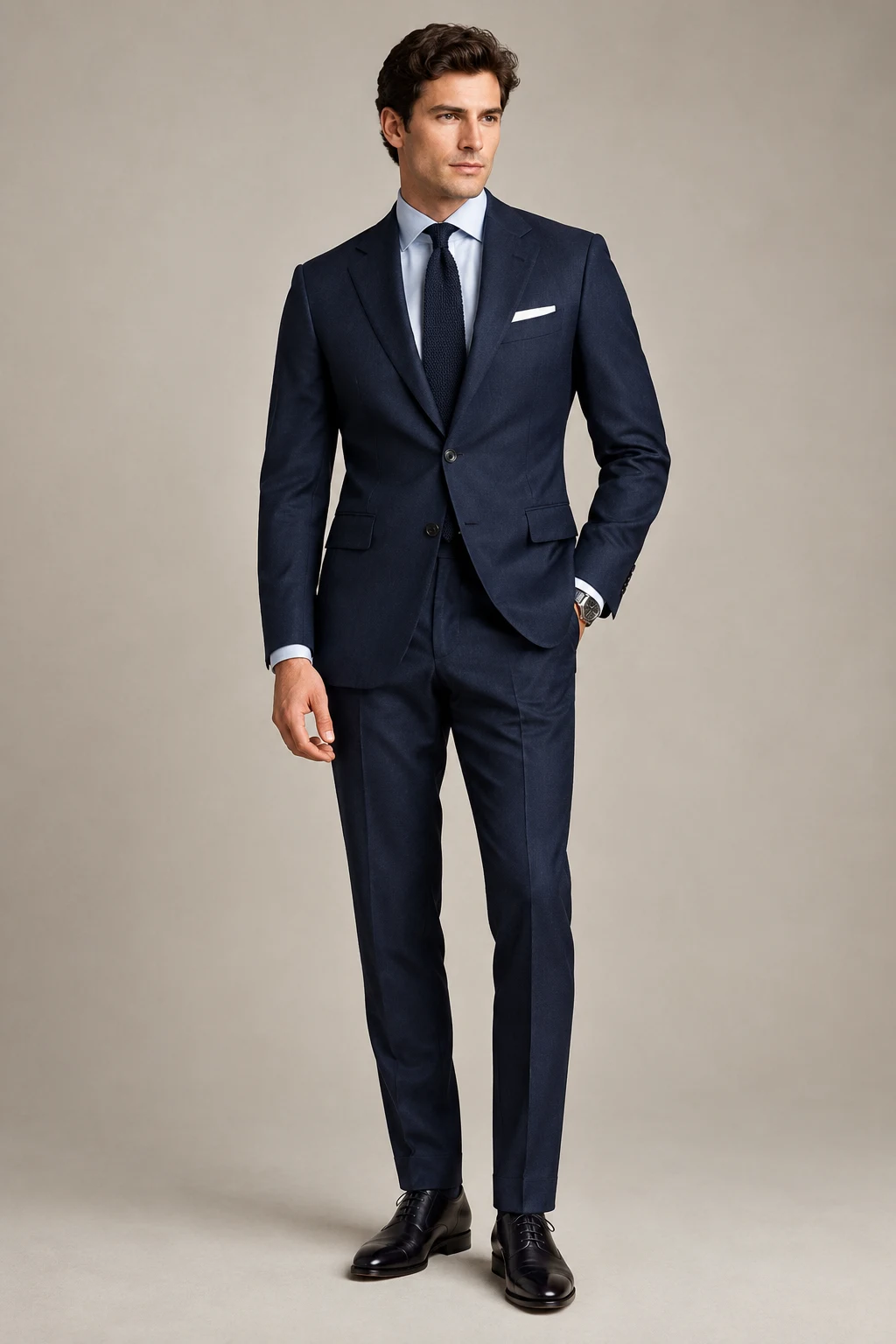 The Quiet Luxury Formal: Navy Suit, Fine Knit Tie, and Handmade Oxfords — formal classy outfits men style outfit, worn by a stylish man