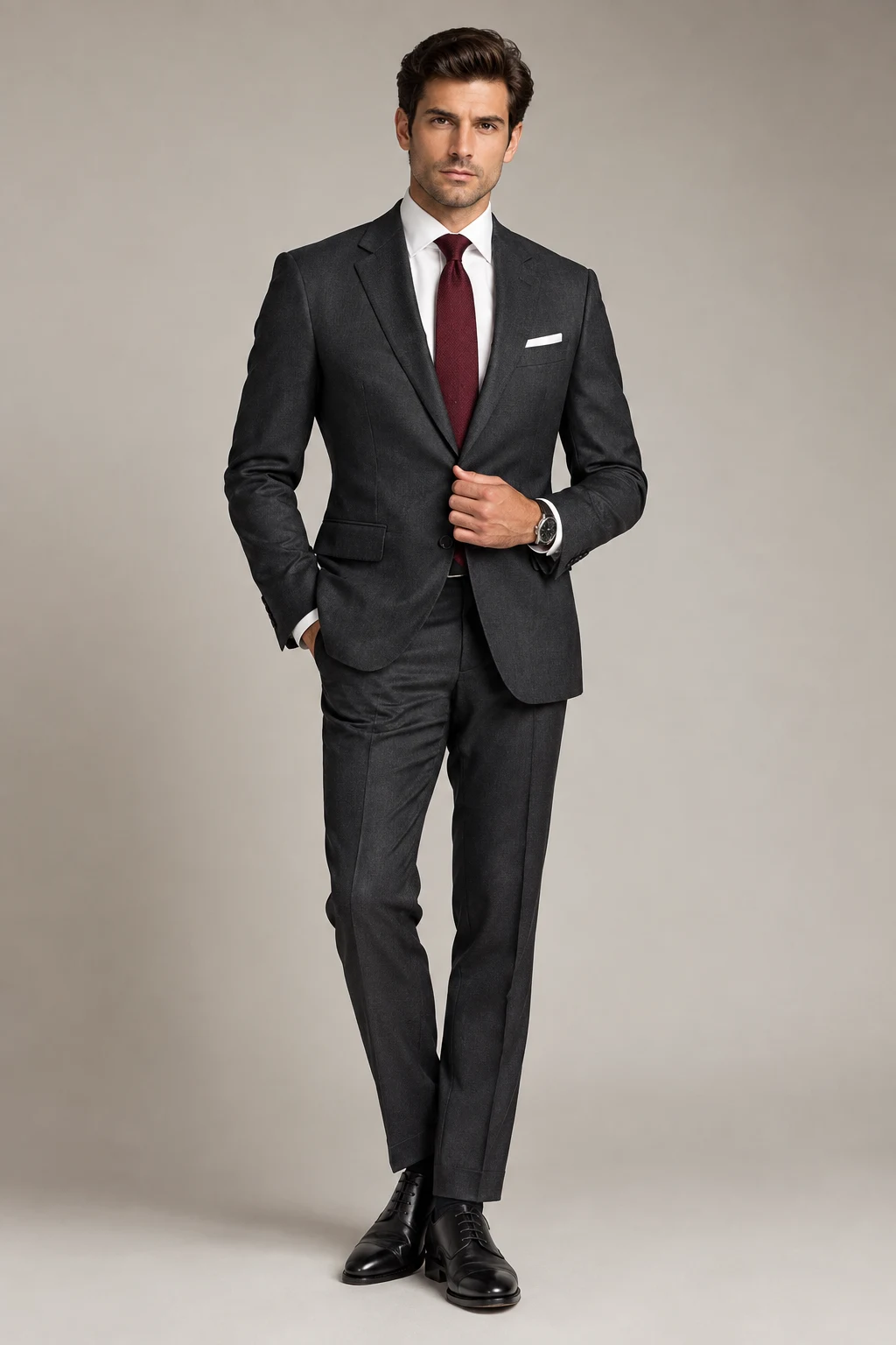 The British Business Suit: Charcoal Suit, White Shirt, and Burgundy Tie — formal classy outfits men style outfit, worn by a stylish man