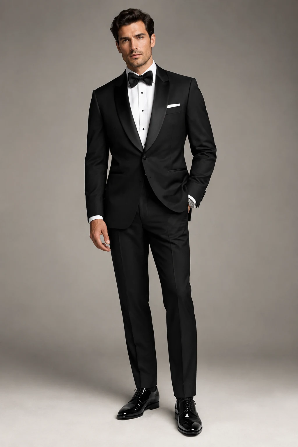 The Midnight Dinner Suit: Black Tuxedo, White Shirt, and Patent Shoes — formal classy outfits men style outfit, worn by a stylish man