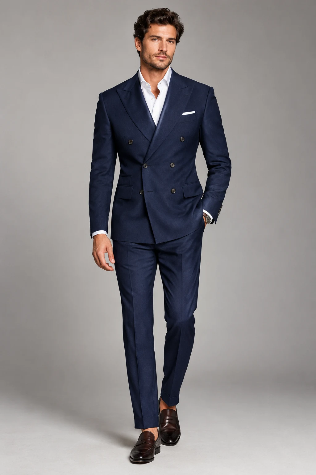 The Double-Breasted Executive: Navy DB Suit, Spread Collar, and Loafers — formal classy outfits men style outfit, worn by a stylish man
