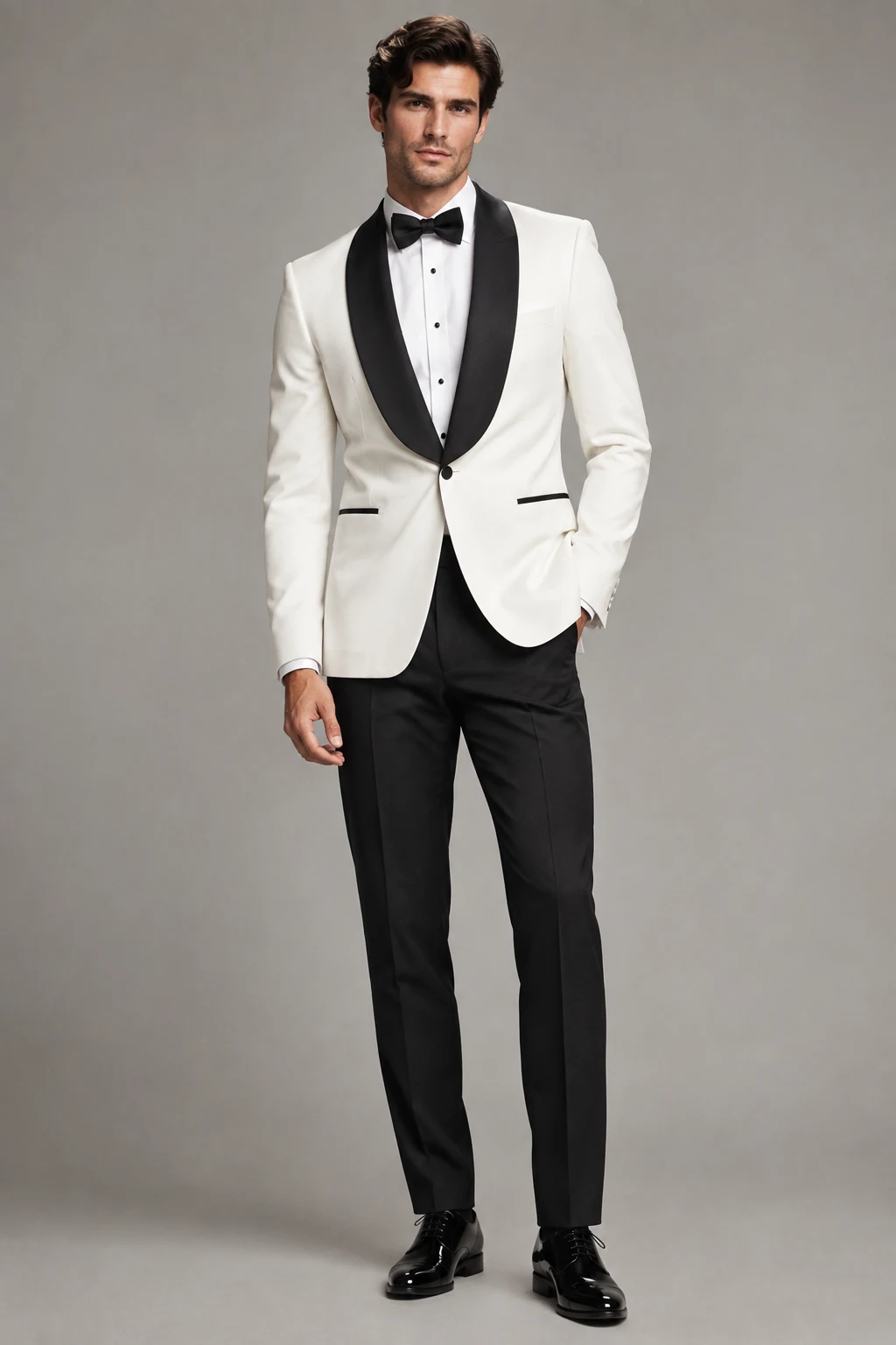 The Black-and-White Formal: Black Trousers, White Shirt, and Dinner Jacket — formal classy outfits men style outfit, worn by a stylish man