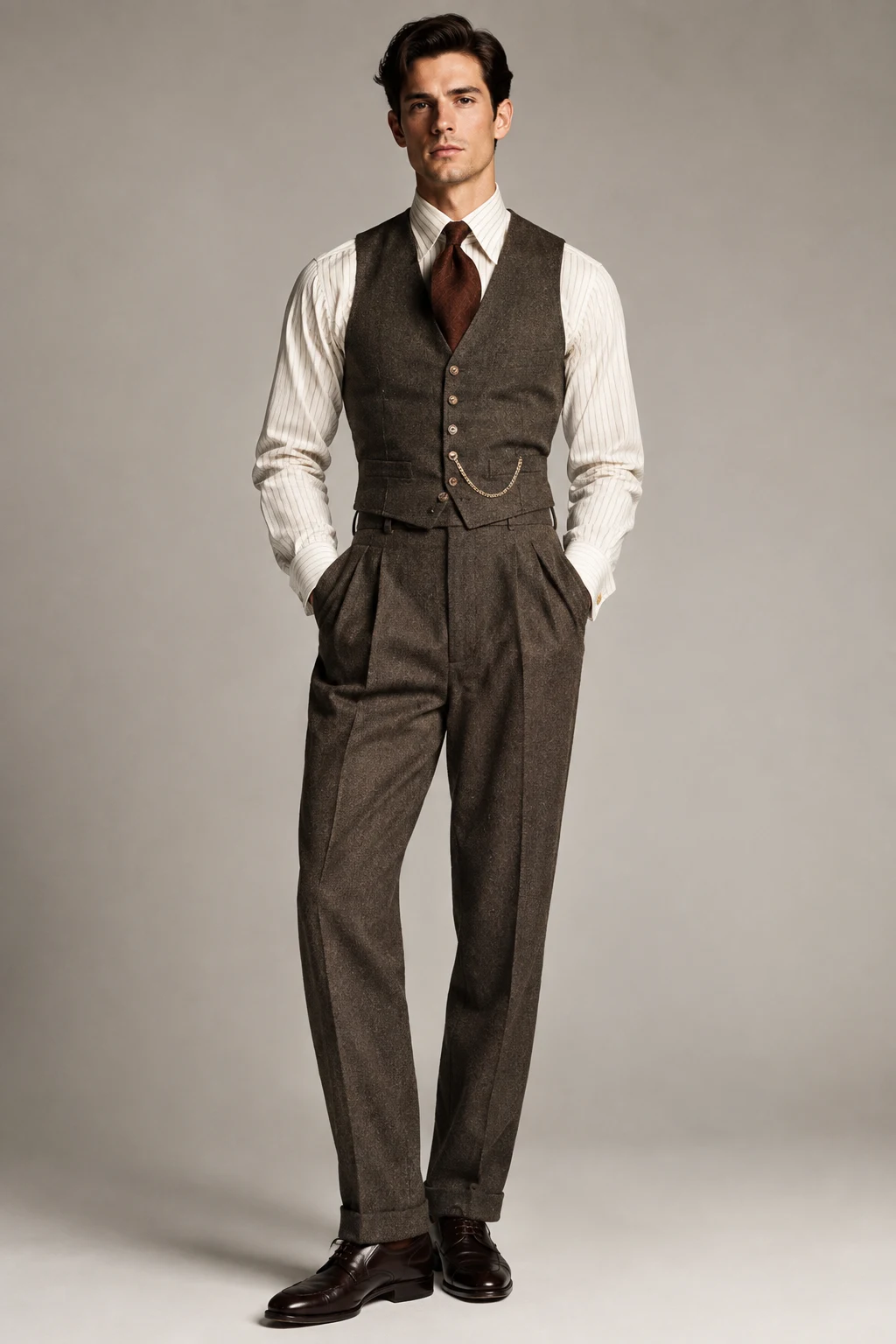 The 1930s-Inspired Tailored Look: High-Rise Trousers, Waistcoat, and Wide Tie — formal classy outfits men style outfit, worn by a stylish man