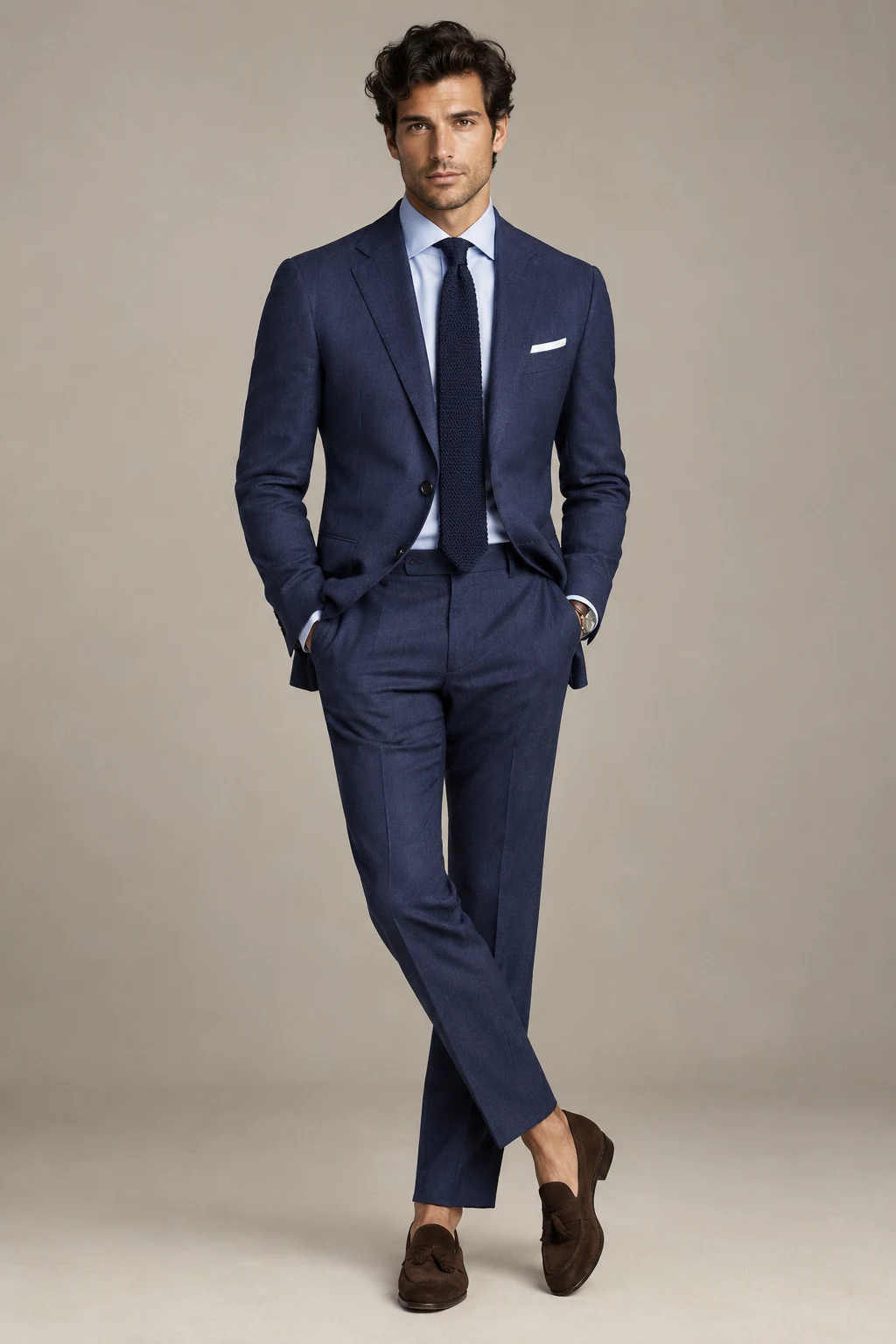 The Italian Sprezzatura Suit: Soft Navy Tailoring, Knit Tie, and Loafers — formal classy outfits men style outfit, worn by a stylish man