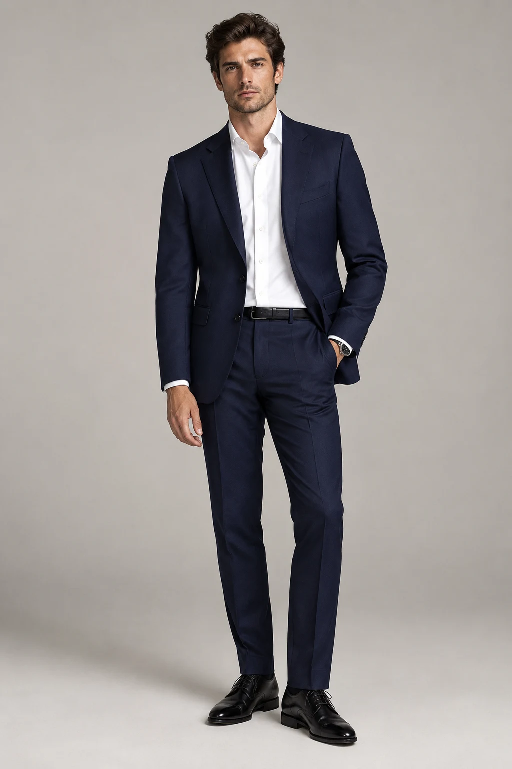The French Minimalist: Navy Suit, White Shirt, and Black Derby Shoes — formal classy outfits men style outfit, worn by a stylish man