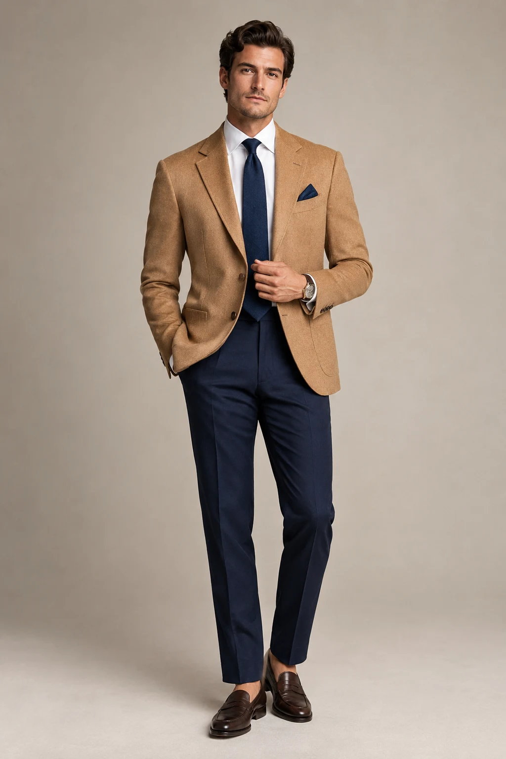 The Preppy Formal: Camel Blazer, Navy Trousers, and Loafers — formal classy outfits men style outfit, worn by a stylish man
