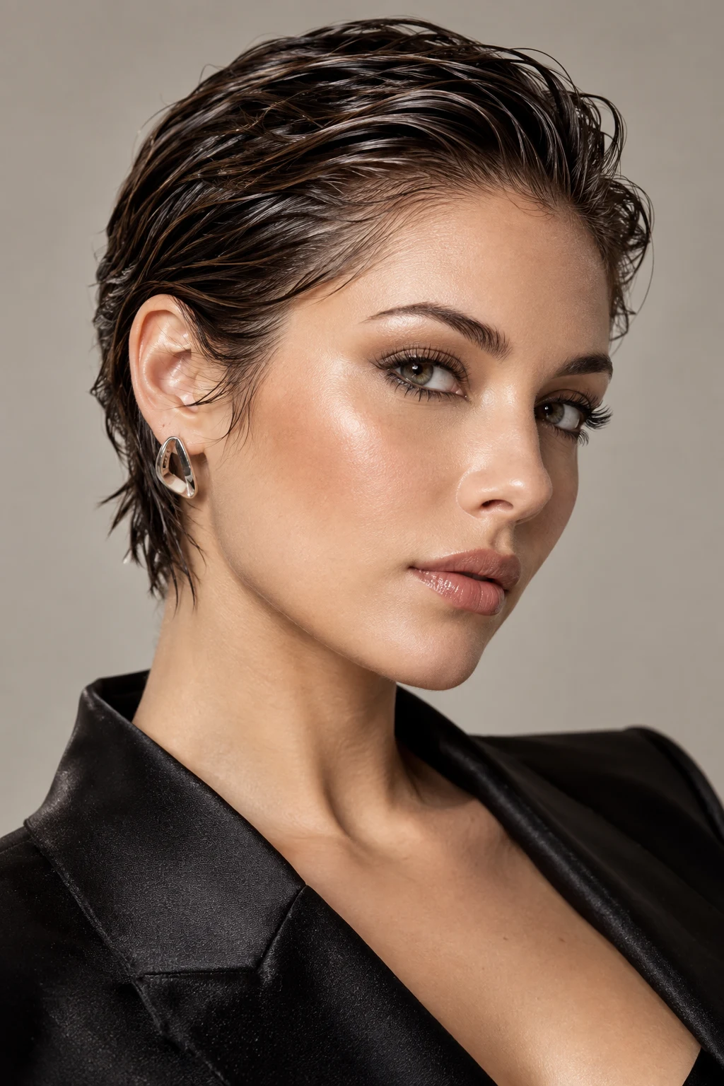 Slicked-Back Wet-Look Pixie — formal hairstyles for short hair style outfit
