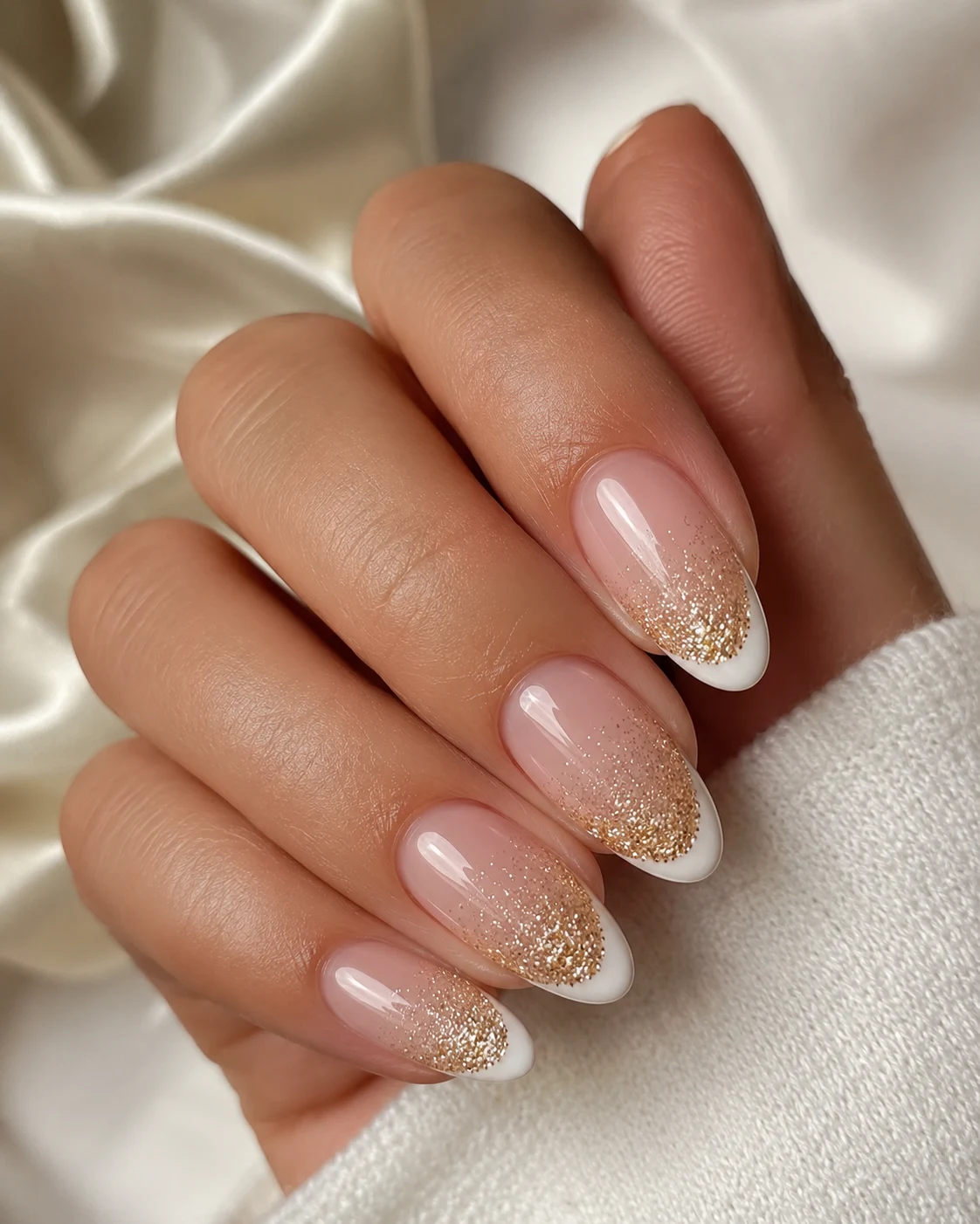 White French and Gold Glitter Fade — french tip white and gold style outfit