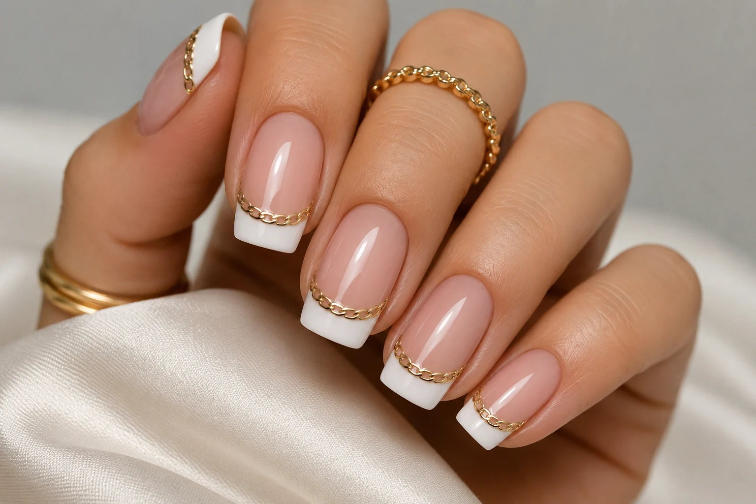 White French With Gold Chain Detail — french tip white and gold style outfit