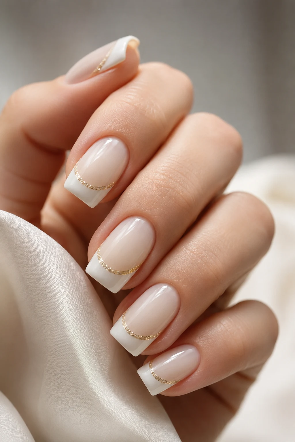 Milky White and Champagne Gold — french tip white and gold style outfit