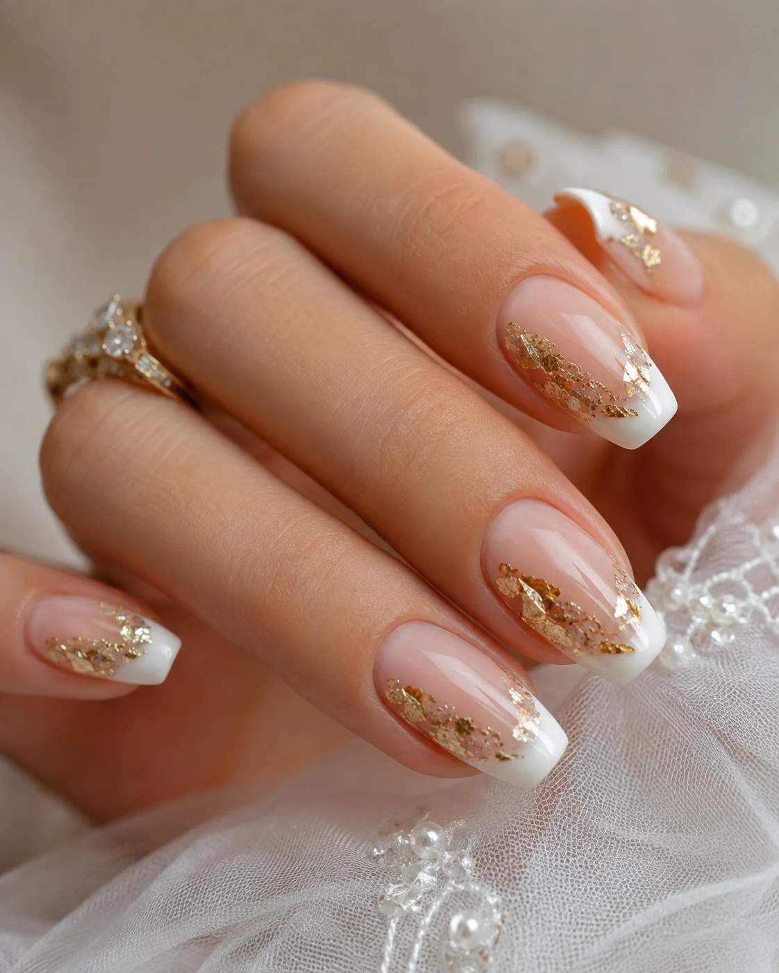 Bridal White French and Gold Leaf — french tip white and gold style outfit