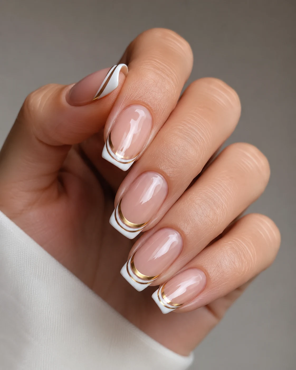 Double French Tip White and Gold — french tip white and gold style outfit