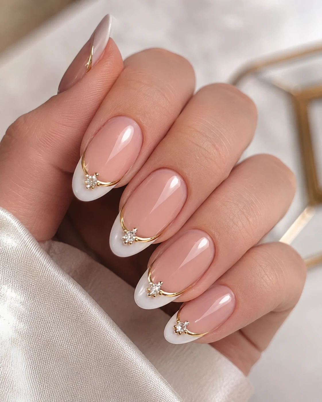 Luxe French With Gold Gemstone Accents — french tip white and gold style outfit