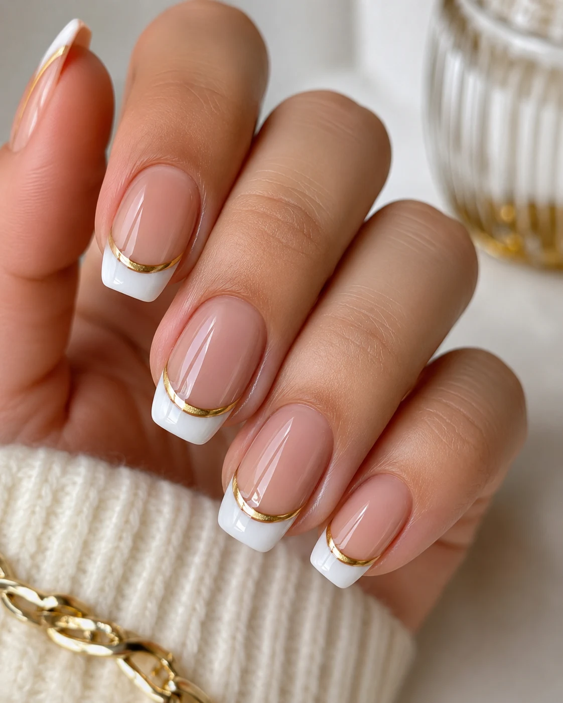 White French With Gold Nails — french tip white and gold style outfit