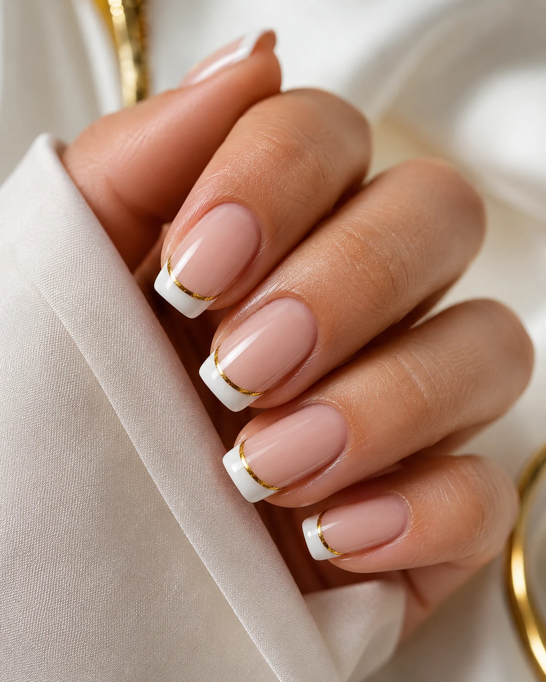 French Tip White With Gold Line — french tip white and gold style outfit
