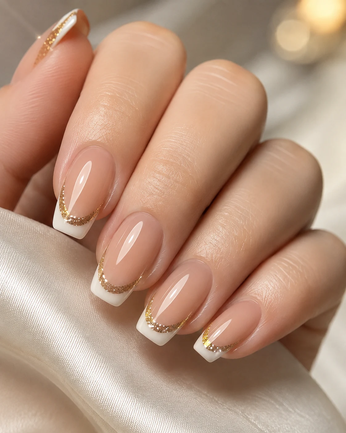 Glittering Gold French — french tip white and gold style outfit