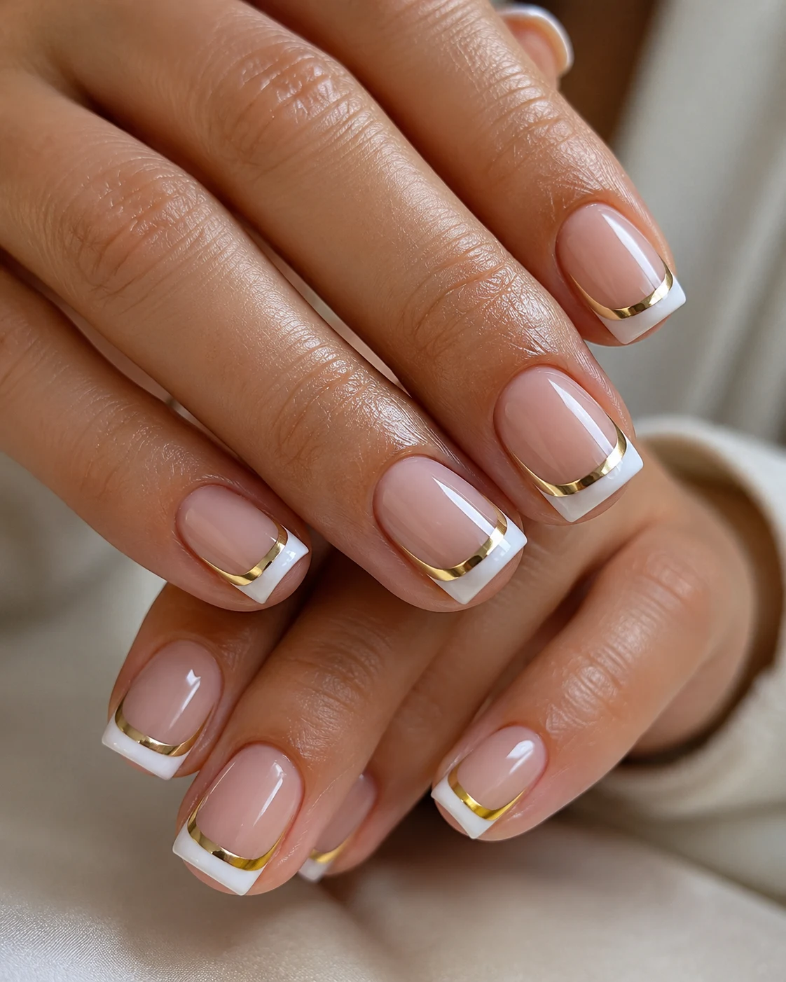 Short Square French Tip White and Gold — french tip white and gold style outfit