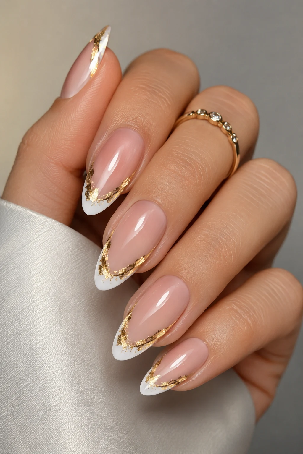 Almond French With Gold Foil — french tip white and gold style outfit