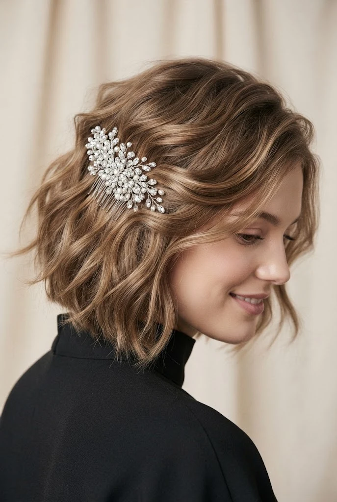 Messy Textured Bob with a Statement Comb — Graduation hairstyles for short hair style outfit